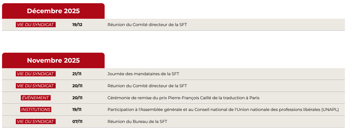 Agenda SFT novembre/décembre 2025